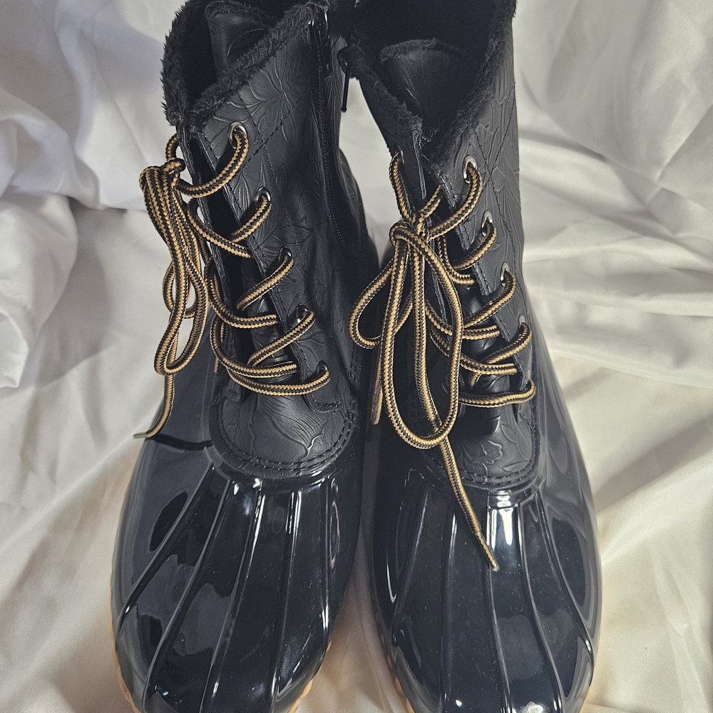 Sporto Black Lace-Up Duck Boots with Gold-Tone Laces